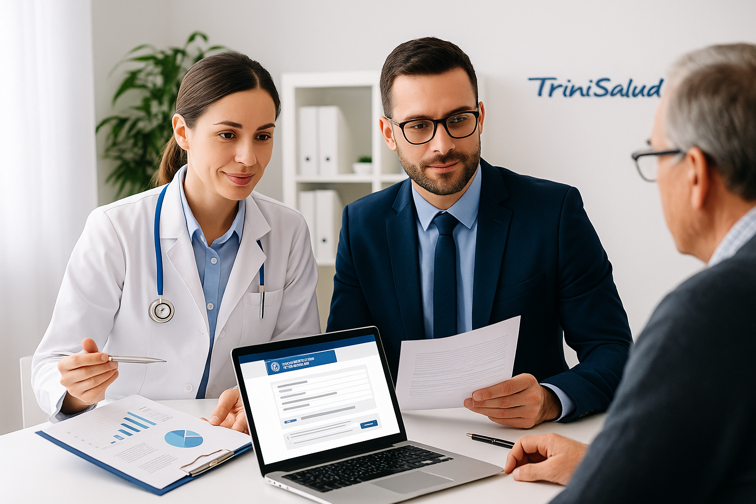 Médico de Trinisalud orientando a empresario sobre requisitos de salud laboral