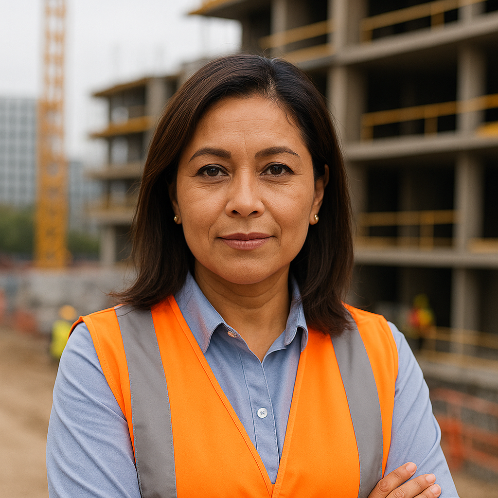 Mujer supervisora en obra civil cumpliendo normativa de seguridad laboral